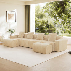 Streamlined Design Modular 4 Seat U Shape Sectional Boneless Sofa with French Edge Piping, No Assembly Required,4-Seat Sofa Couch with Throw Pillows and 2 Movable Ottomans, Velvet Fabric Light Camel