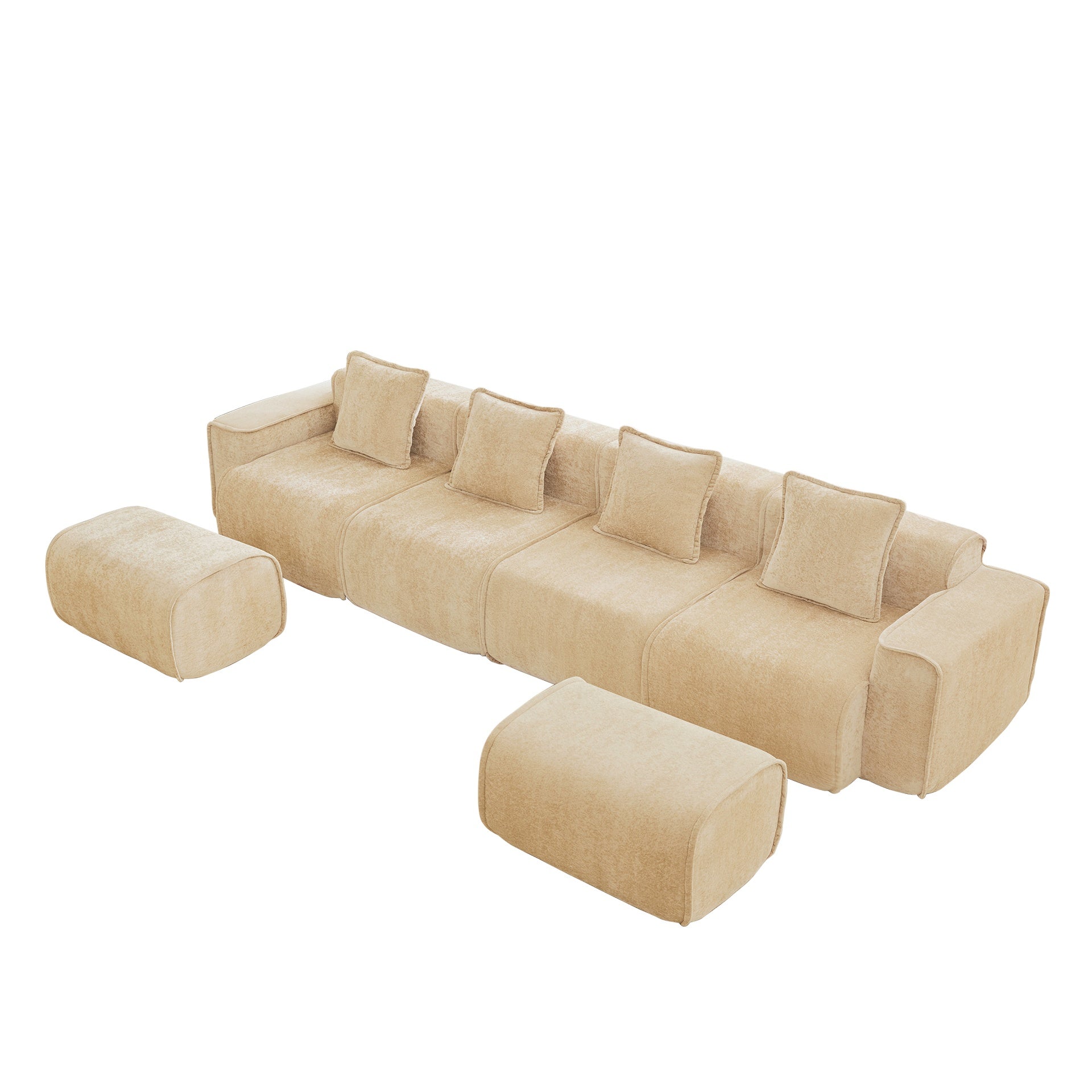 Streamlined Design Modular 4 Seat U Shape Sectional Boneless Sofa with French Edge Piping, No Assembly Required,4-Seat Sofa Couch with Throw Pillows and 2 Movable Ottomans, Velvet Fabric Light Camel