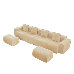 Streamlined Design Modular 4 Seat U Shape Sectional Boneless Sofa with French Edge Piping, No Assembly Required,4-Seat Sofa Couch with Throw Pillows and 2 Movable Ottomans, Velvet Fabric Light Camel