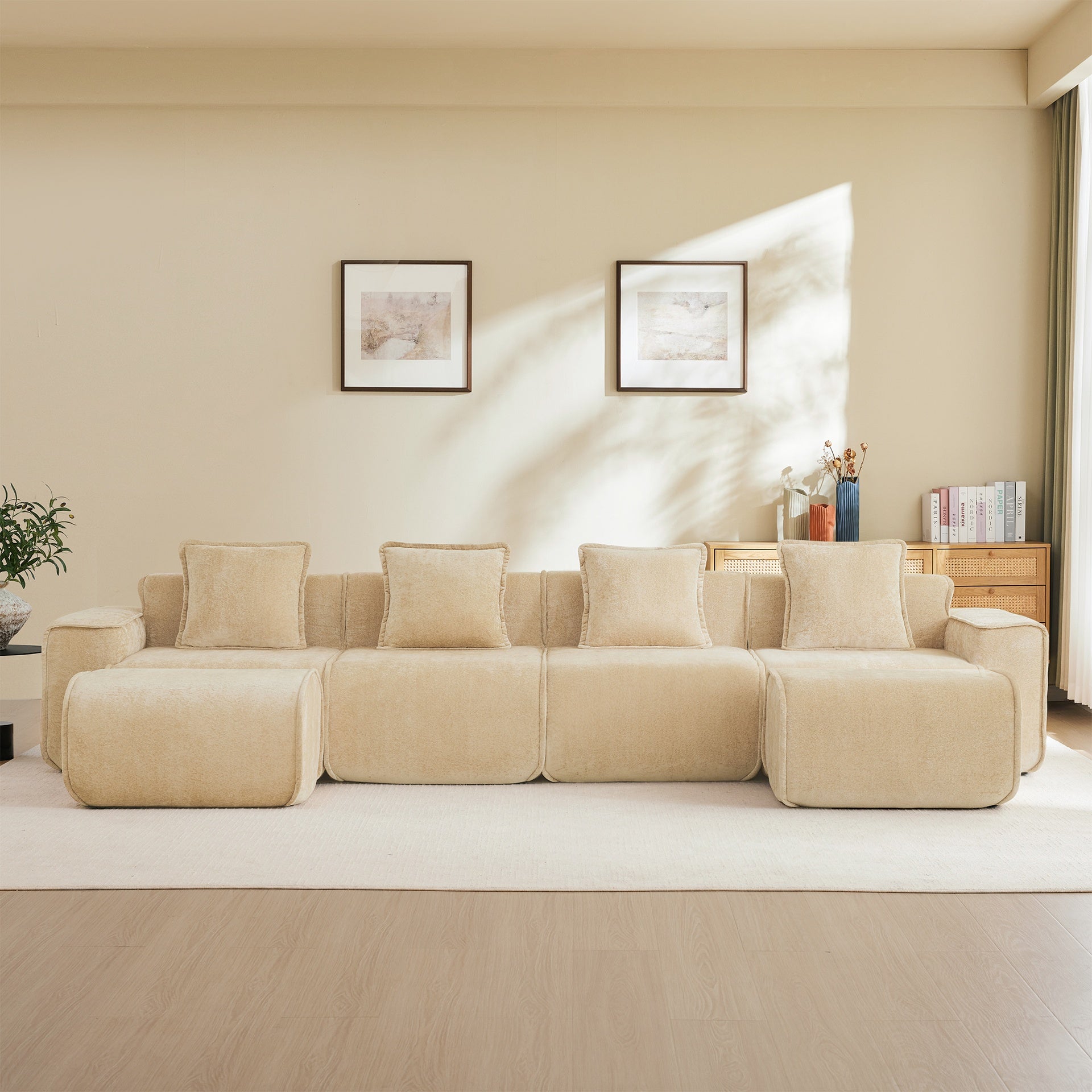 Streamlined Design Modular 4 Seat U Shape Sectional Boneless Sofa with French Edge Piping, No Assembly Required,4-Seat Sofa Couch with Throw Pillows and 2 Movable Ottomans, Velvet Fabric Light Camel
