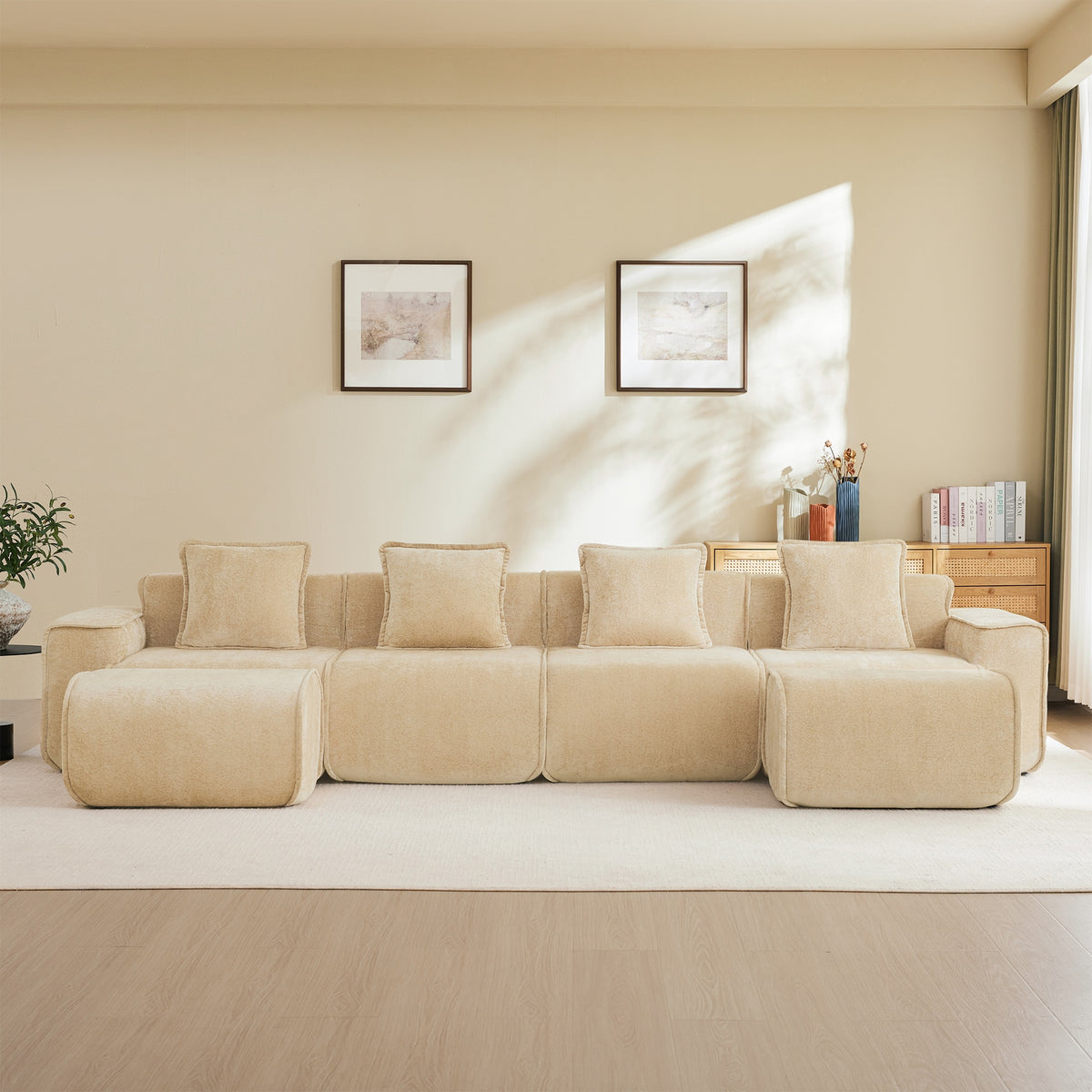 Streamlined Design Modular 4 Seat U Shape Sectional Boneless Sofa with French Edge Piping, No Assembly Required,4-Seat Sofa Couch with Throw Pillows and 2 Movable Ottomans, Velvet Fabric Light Camel