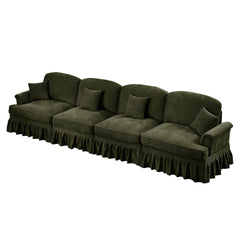 Elegant Mid Century Large 4 Seater Sofa Couch with Flared Arms and Removable Ruffles Pleats Skirts and Spindle Legs, Comfy Chenille Four-Seat Sofa for Living Room, Green