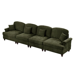 Elegant Mid Century Large 4 Seater Sofa Couch with Flared Arms and Removable Ruffles Pleats Skirts and Spindle Legs, Comfy Chenille Four-Seat Sofa for Living Room, Green