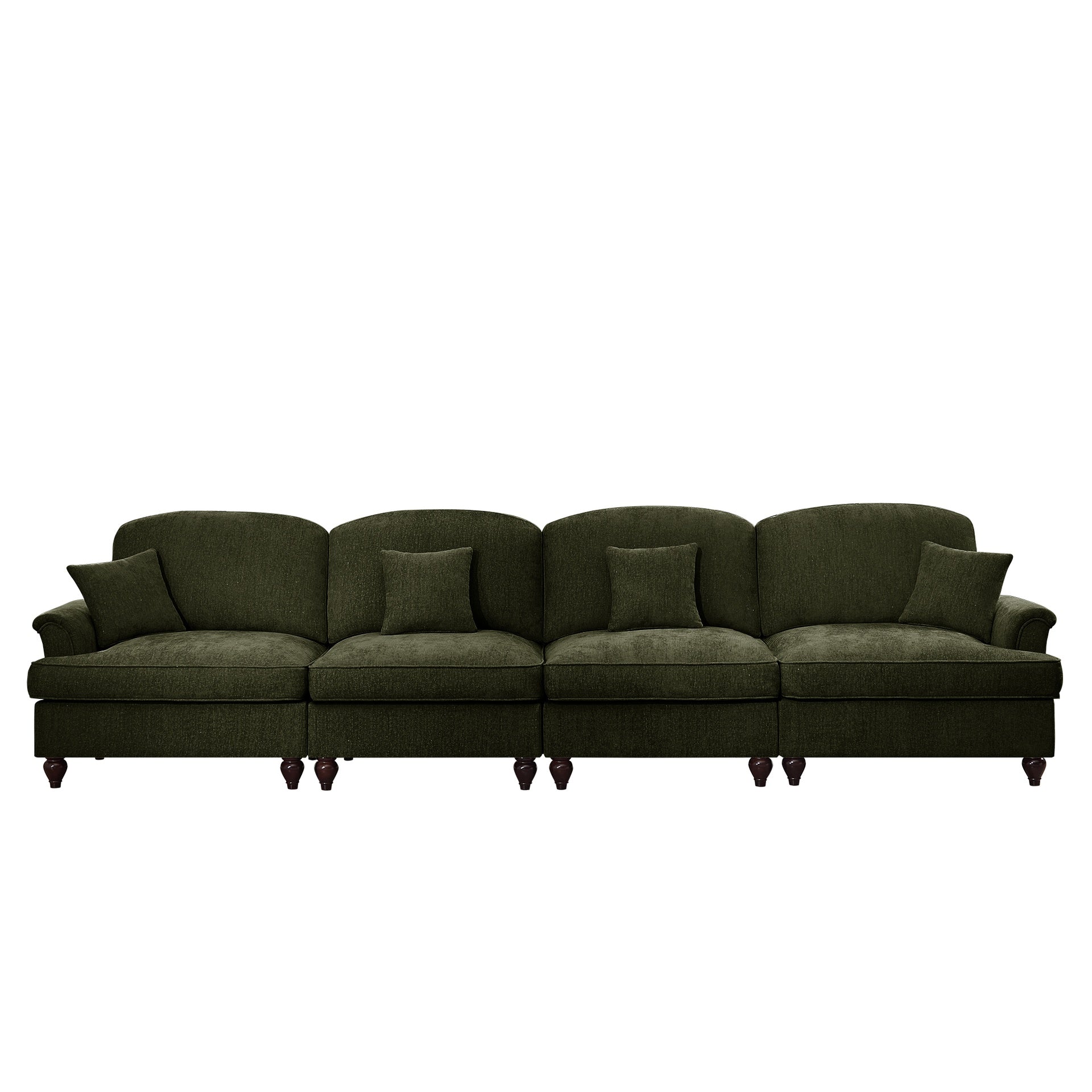 Elegant Mid Century Large 4 Seater Sofa Couch with Flared Arms and Removable Ruffles Pleats Skirts and Spindle Legs, Comfy Chenille Four-Seat Sofa for Living Room, Green