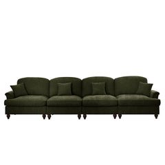 Elegant Mid Century Large 4 Seater Sofa Couch with Flared Arms and Removable Ruffles Pleats Skirts and Spindle Legs, Comfy Chenille Four-Seat Sofa for Living Room, Green