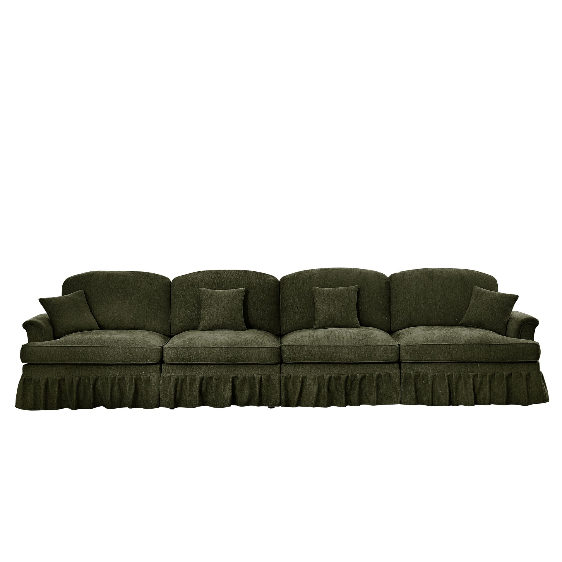 Elegant Mid Century Large 4 Seater Sofa Couch with Flared Arms and Removable Ruffles Pleats Skirts and Spindle Legs, Comfy Chenille Four-Seat Sofa for Living Room, Green