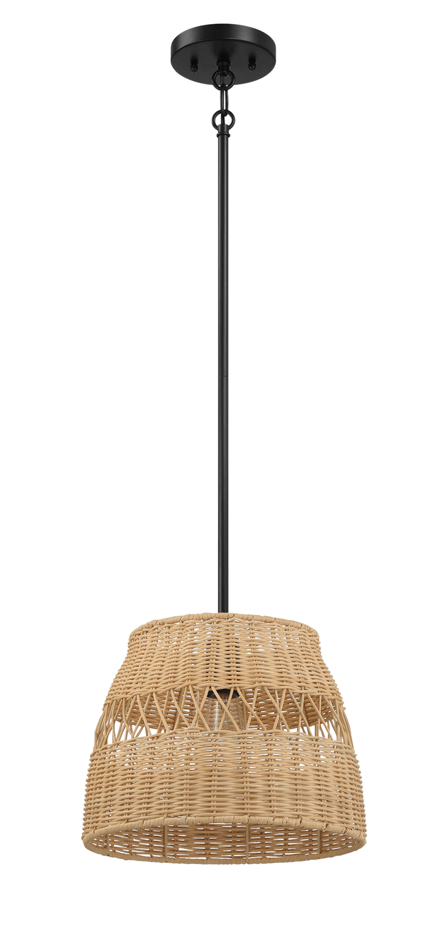 Essence Single Lights Pendant With Rattan Shade  Black Metal Finish for Farmhouse Style