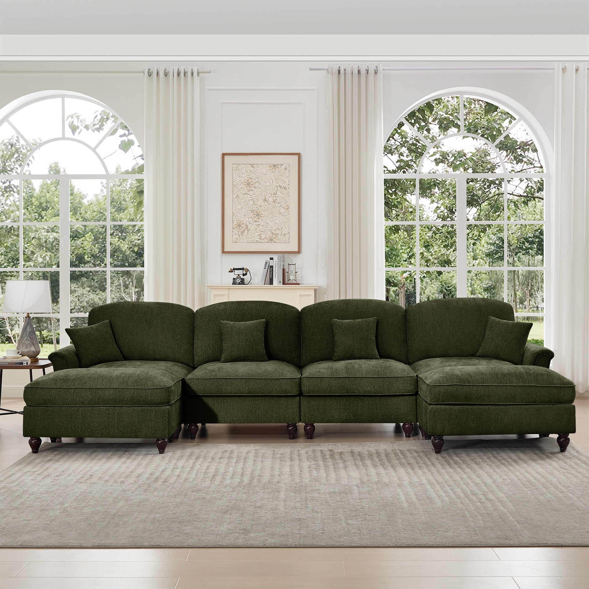 Classic U Shape 4 Seater Modular Sectional Sofa Couch with Flared Arms and Removable Ruffles Pleats Skirts and Spindle Legs, Chenille Deep Seat Cloud Sofa with Movable Ottomans, Green