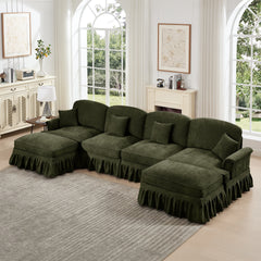 Classic U Shape 4 Seater Modular Sectional Sofa Couch with Flared Arms and Removable Ruffles Pleats Skirts and Spindle Legs, Chenille Deep Seat Cloud Sofa with Movable Ottomans, Green