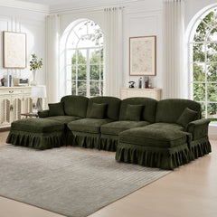 Classic U Shape 4 Seater Modular Sectional Sofa Couch with Flared Arms and Removable Ruffles Pleats Skirts and Spindle Legs, Chenille Deep Seat Cloud Sofa with Movable Ottomans, Green