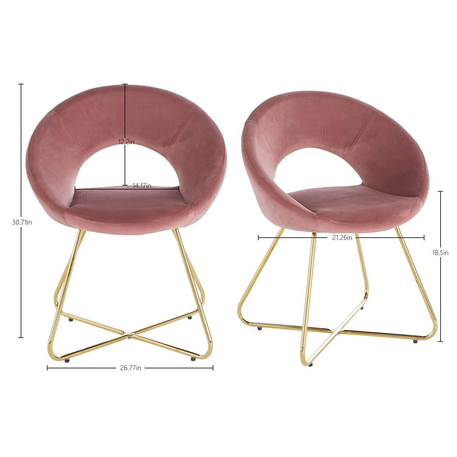 Modern Accent Velvet Chairs Set of 2 Dining Chairs Single Sofa Comfy Upholstered Arm Chair Living Room Furniture Mid-Century Leisure Lounge Chairs with Golden Metal Frame Legs