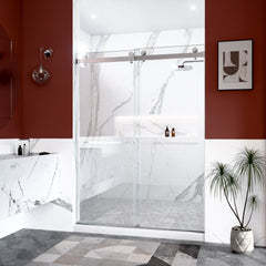 56"-60"W x 80"H Frameless Double Sliding  Shower Door, 3/8 inches (10mm) Thick SGCC Tempered Glass Door, Chrome