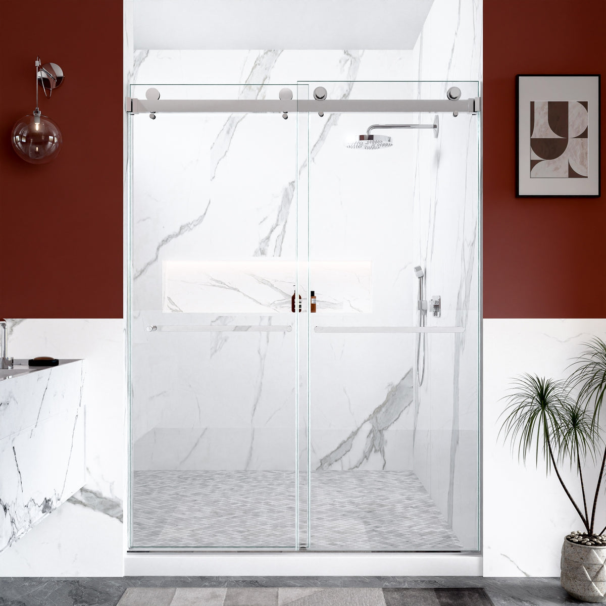 56"-60"W x 80"H Frameless Double Sliding  Shower Door, 3/8 inches (10mm) Thick SGCC Tempered Glass Door, Chrome
