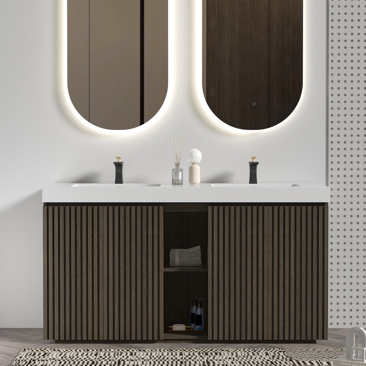 GALAN60F" Smoked Oak  Bathroom Vanity with Sink, Large Storage Freestanding Bathroom Vanity for Modern Bathroom, One-Piece White Sink Basin without Drain and Faucet, without drainage and faucet, KD