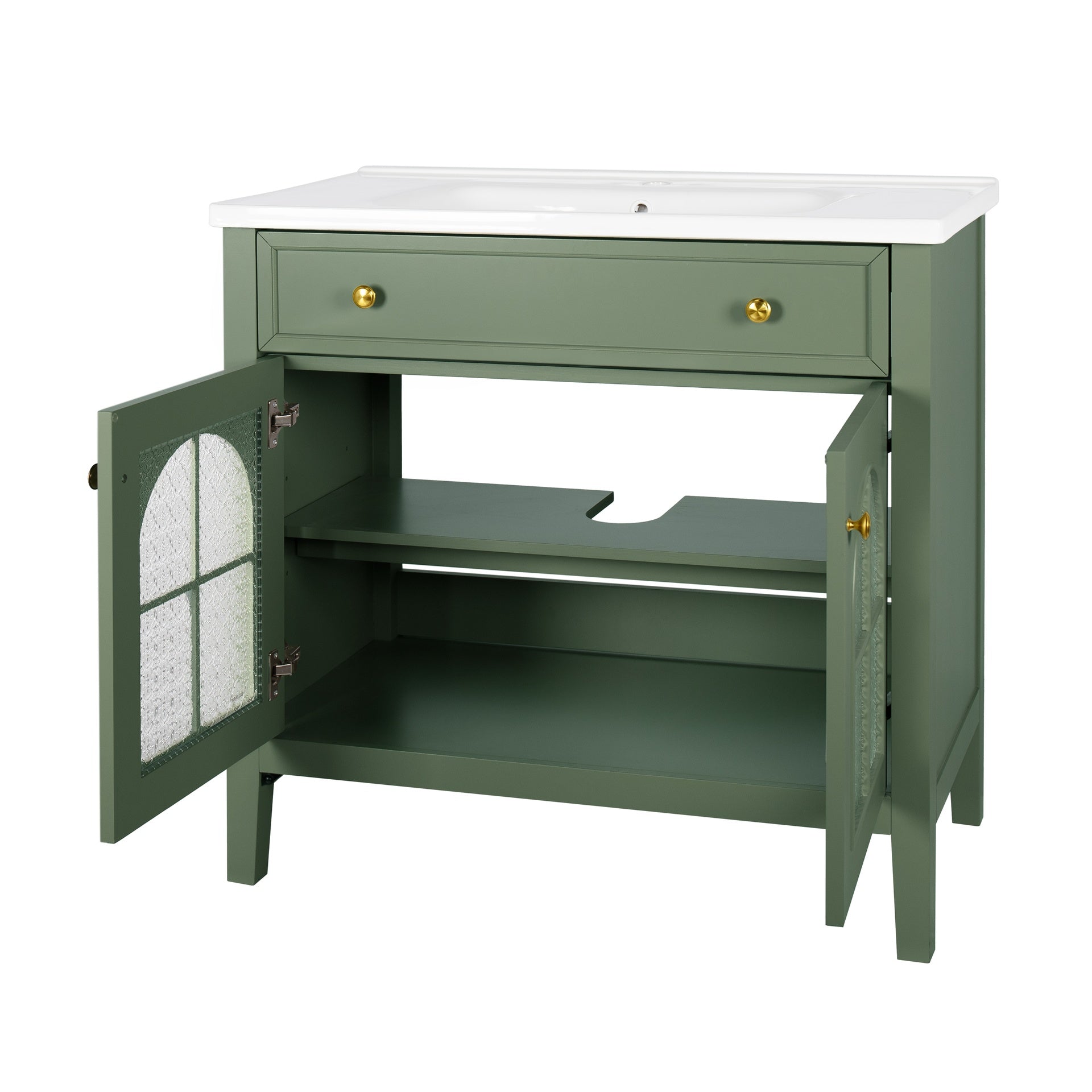 35.6" Mid-Century Bathroom Vanity Sink with Patterned Glass & Motion-sensor Light Strip, Farmhouse Freestanding Bathroom Vanity Sink with Storage, High-end Restroom Vanity Cabinet,Green