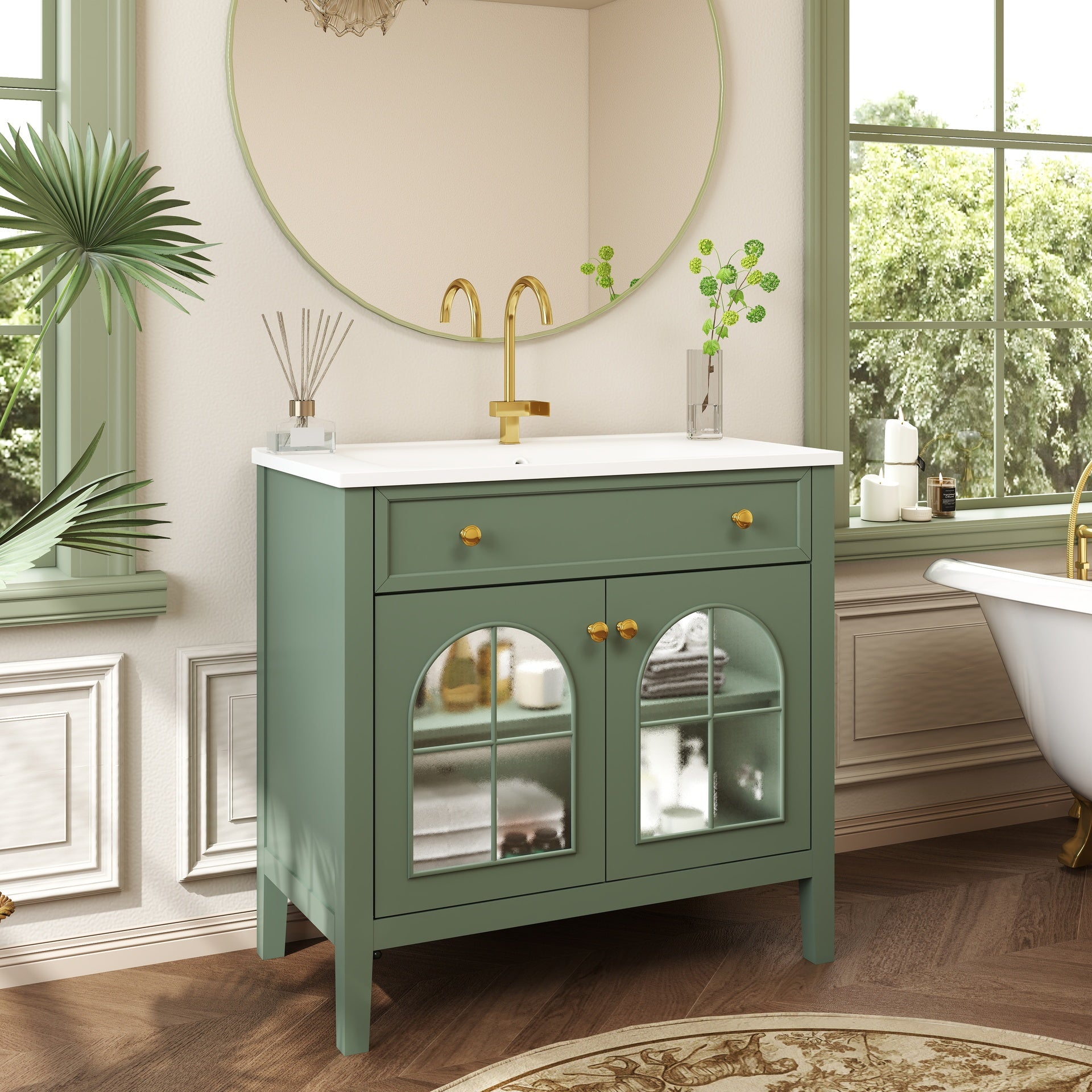 35.6" Mid-Century Bathroom Vanity Sink with Patterned Glass & Motion-sensor Light Strip, Farmhouse Freestanding Bathroom Vanity Sink with Storage, High-end Restroom Vanity Cabinet,Green