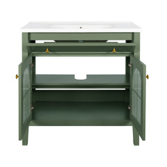 35.6" Mid-Century Bathroom Vanity Sink with Patterned Glass & Motion-sensor Light Strip, Farmhouse Freestanding Bathroom Vanity Sink with Storage, High-end Restroom Vanity Cabinet,Green