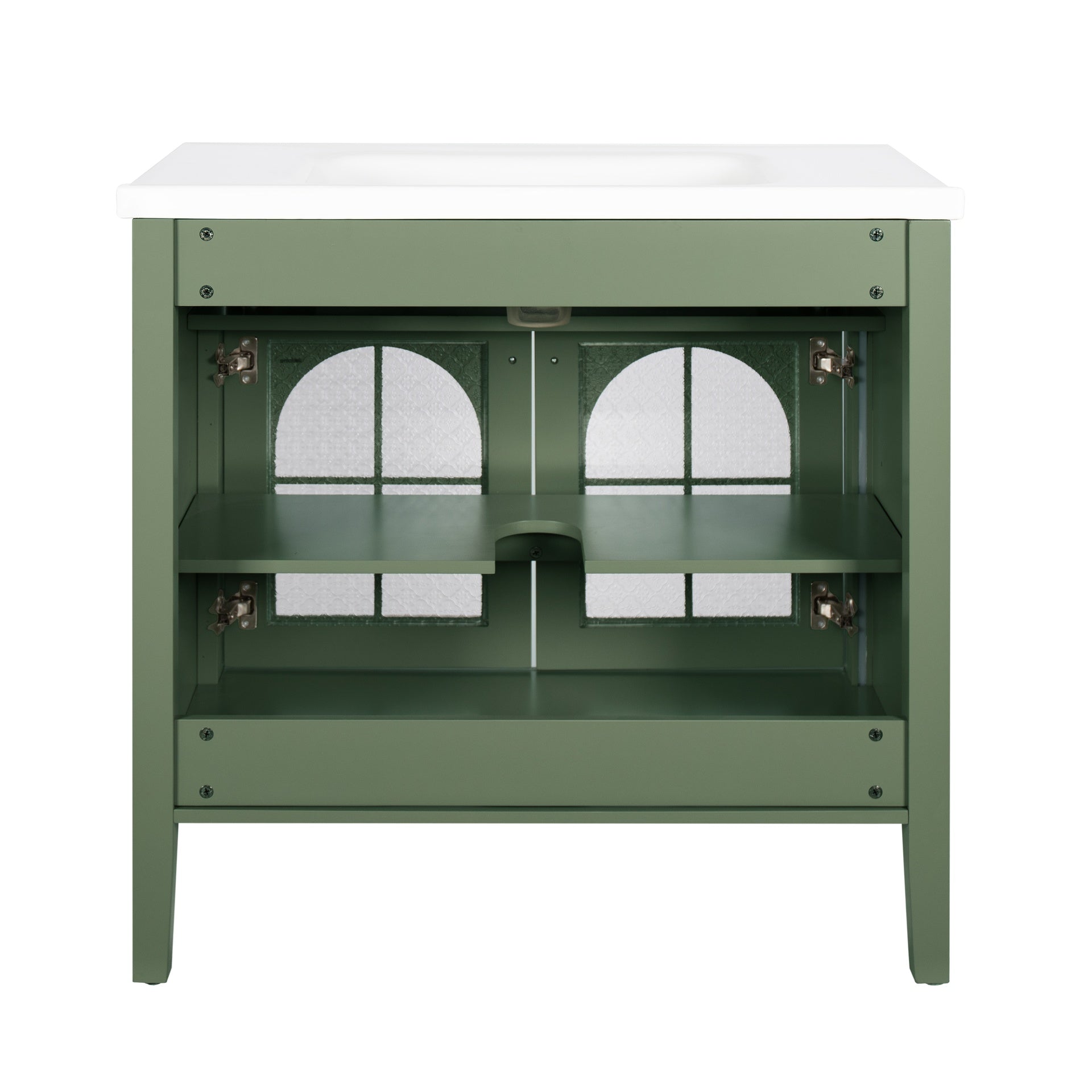 35.6" Mid-Century Bathroom Vanity Sink with Patterned Glass & Motion-sensor Light Strip, Farmhouse Freestanding Bathroom Vanity Sink with Storage, High-end Restroom Vanity Cabinet,Green