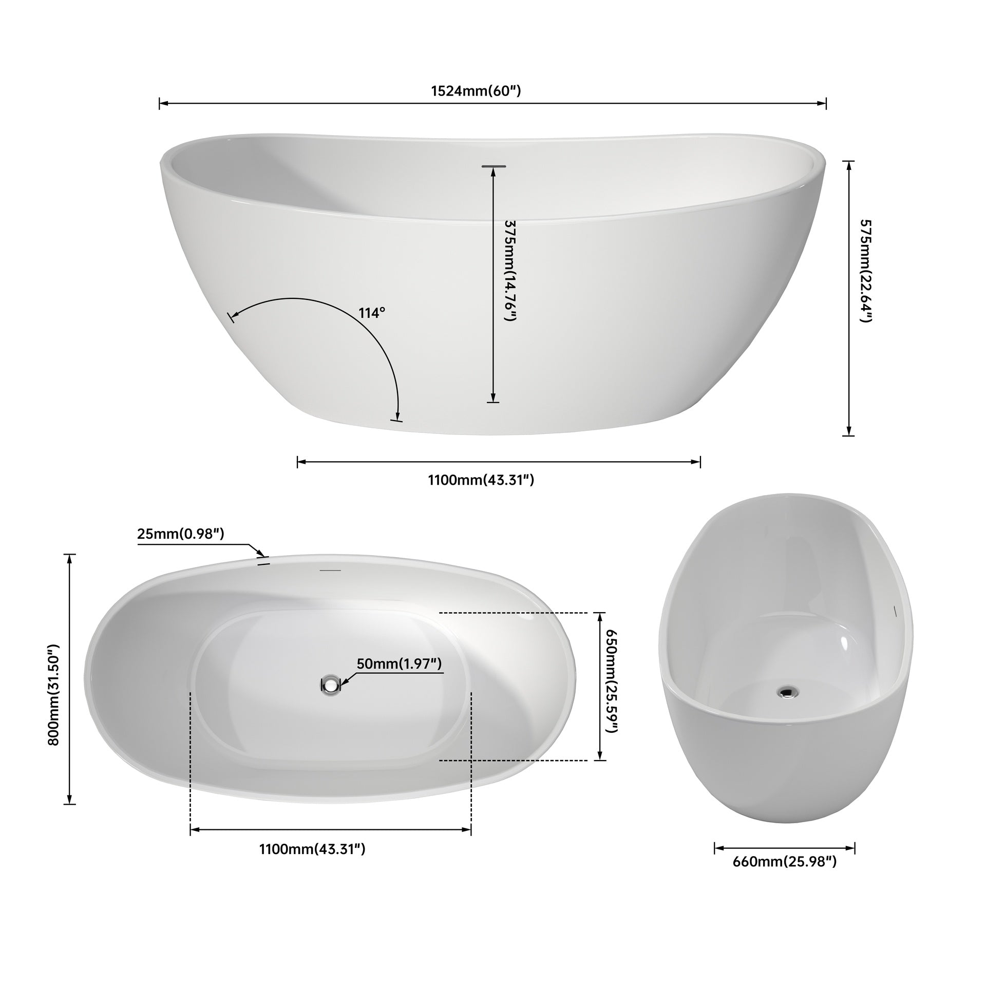 Acrylic Free Standing Tubs 60"-Luxury Spacious, Modern Deep Soaking Bath-tubs,White
