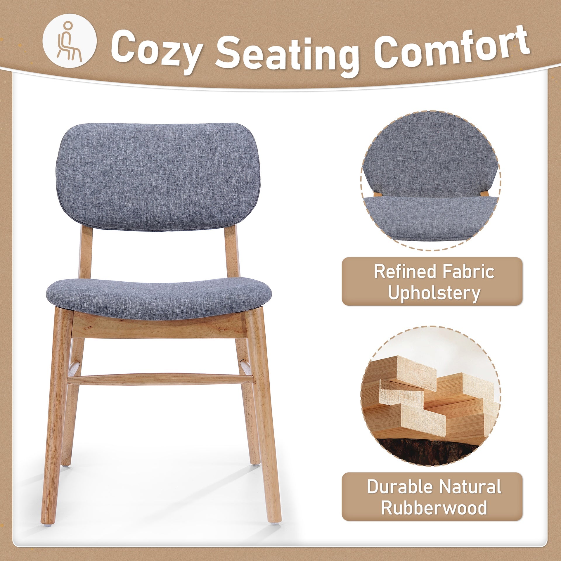 Set of 2 Mid - Century Upholstered Dining Chair with Rubberwood Frame, Natural+Gray (same sku: 59302.00LGY)