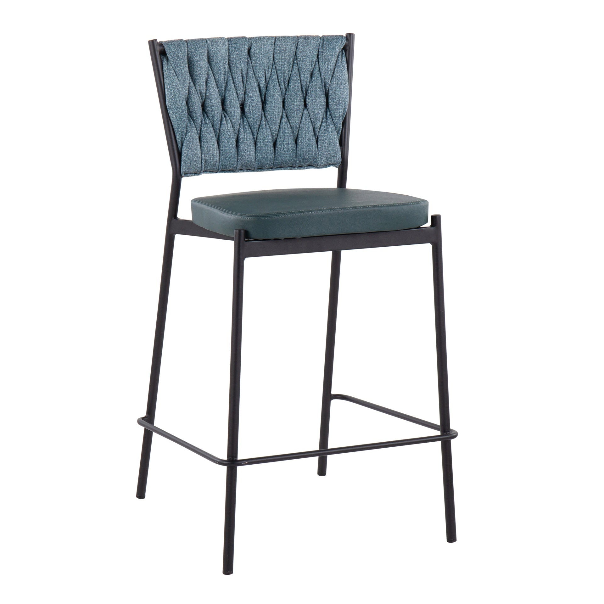 Braided Tania Contemporary Counter Stool in Black Metal, Green Faux Leather, and Sea Green Fabric by LumiSource - Set of 2