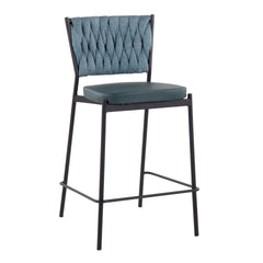 Braided Tania Contemporary Counter Stool in Black Metal, Green Faux Leather, and Sea Green Fabric by LumiSource - Set of 2