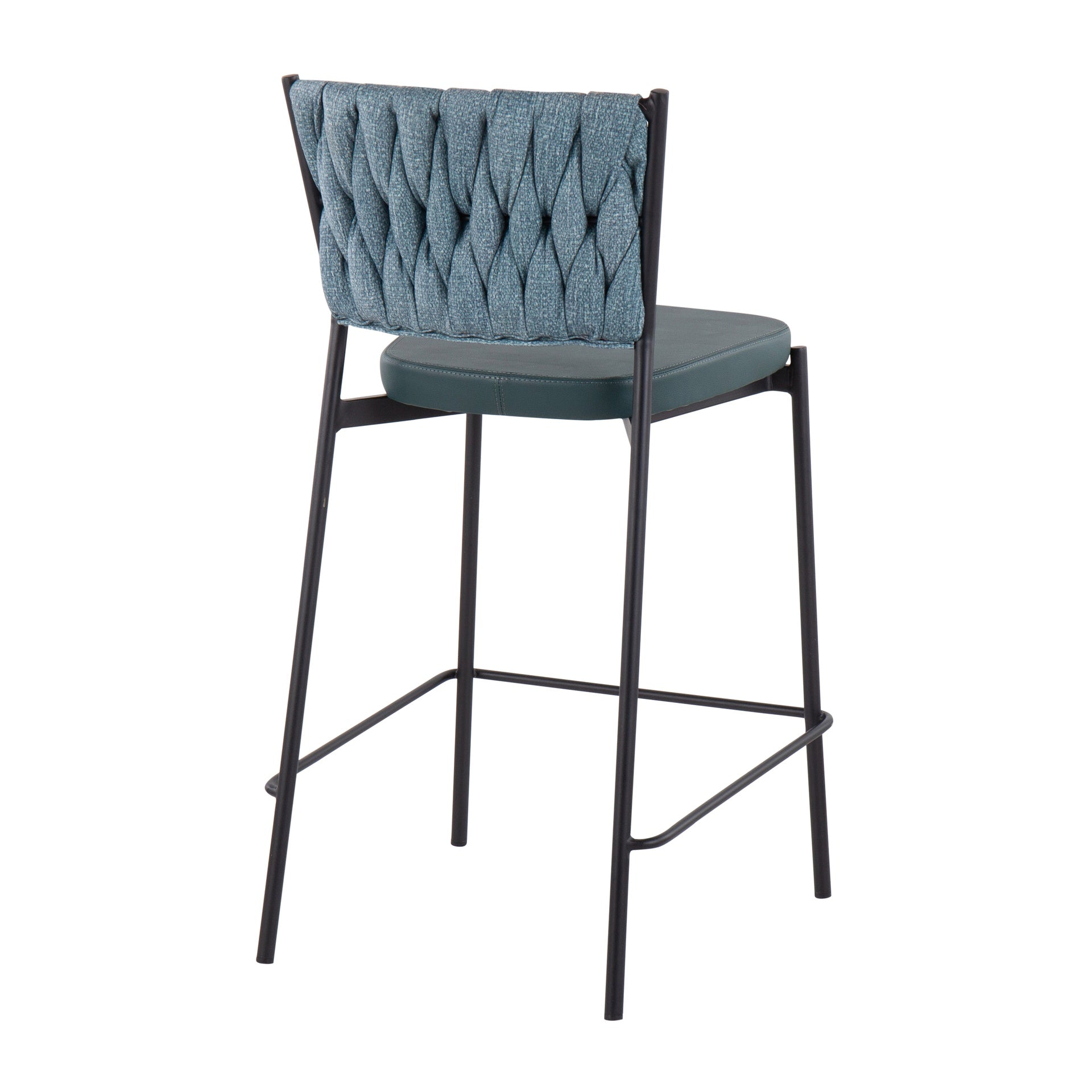 Braided Tania Contemporary Counter Stool in Black Metal, Green Faux Leather, and Sea Green Fabric by LumiSource - Set of 2