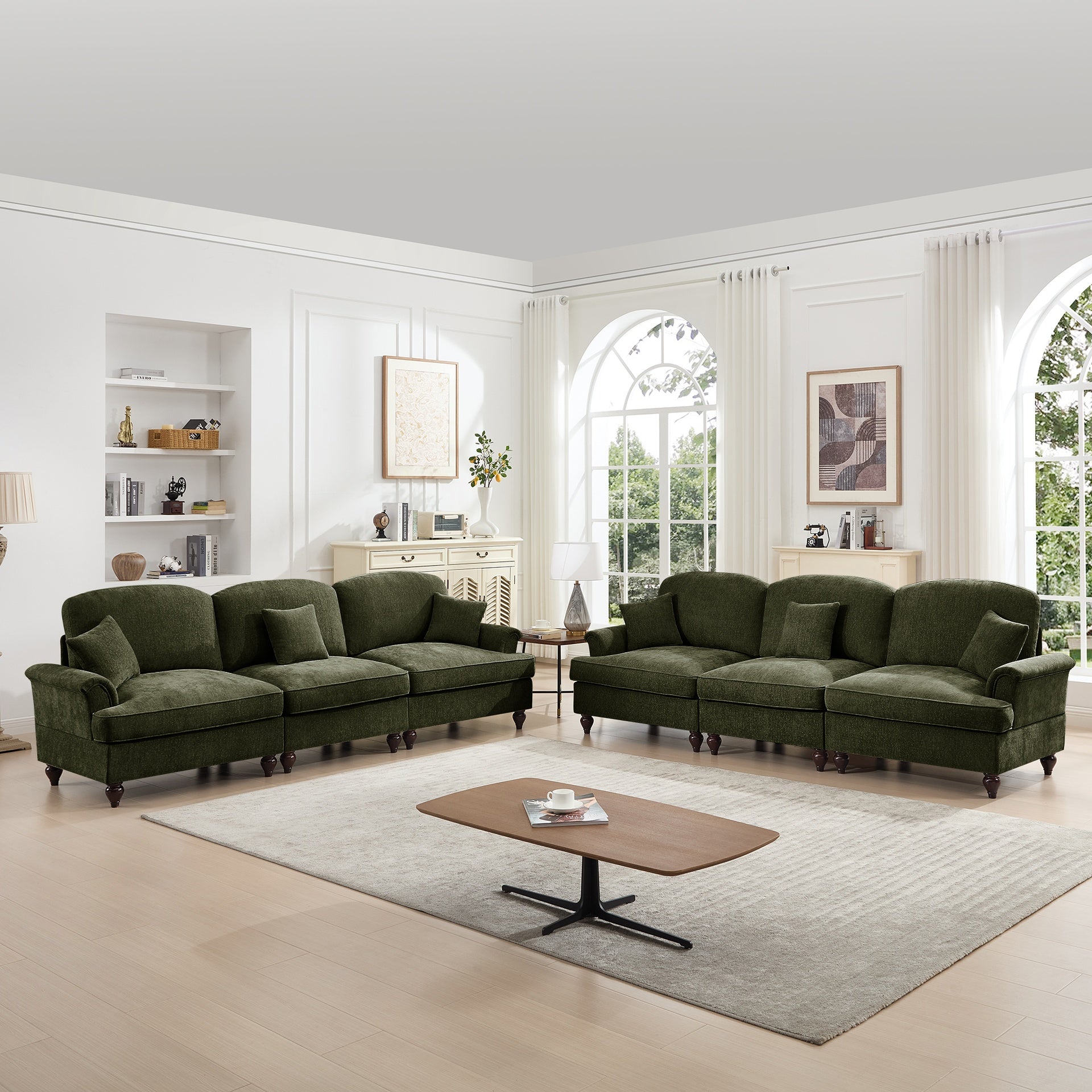 Classic Sleeper Sofa Couch with Flared Arms and Removable Ruffles Pleats Skirts and Spindle Legs, Comfy Modular Sectional Chenille Deep Seat Cloud Sofa Couch with 3 Movable Ottomans,Green