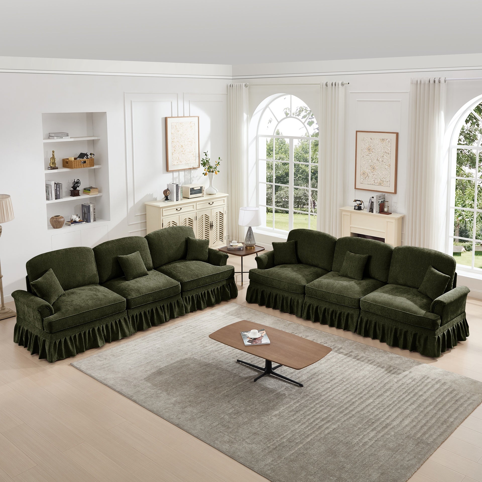 Classic Sleeper Sofa Couch with Flared Arms and Removable Ruffles Pleats Skirts and Spindle Legs, Comfy Modular Sectional Chenille Deep Seat Cloud Sofa Couch with 3 Movable Ottomans,Green