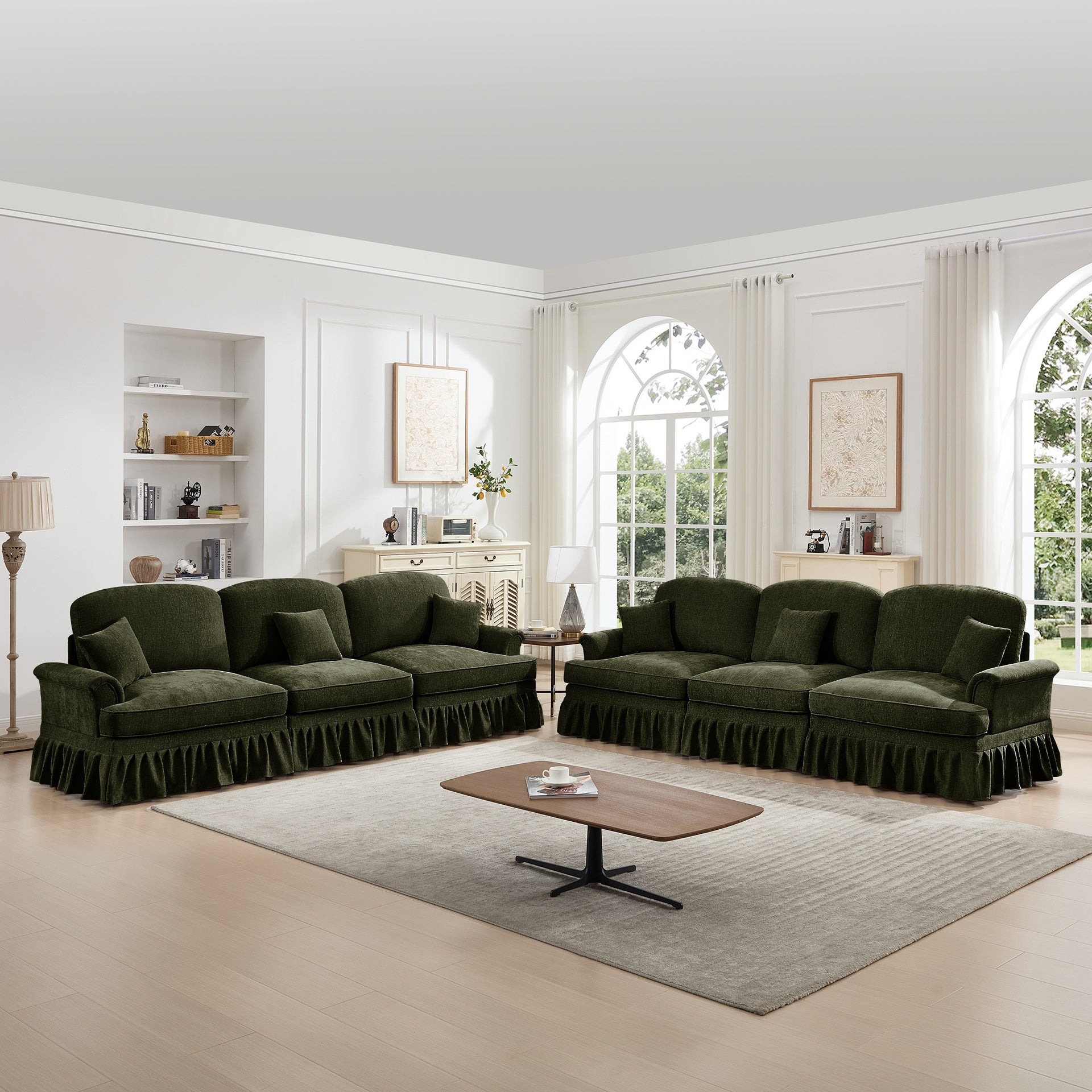 Classic Sleeper Sofa Couch with Flared Arms and Removable Ruffles Pleats Skirts and Spindle Legs, Comfy Modular Sectional Chenille Deep Seat Cloud Sofa Couch with 3 Movable Ottomans,Green