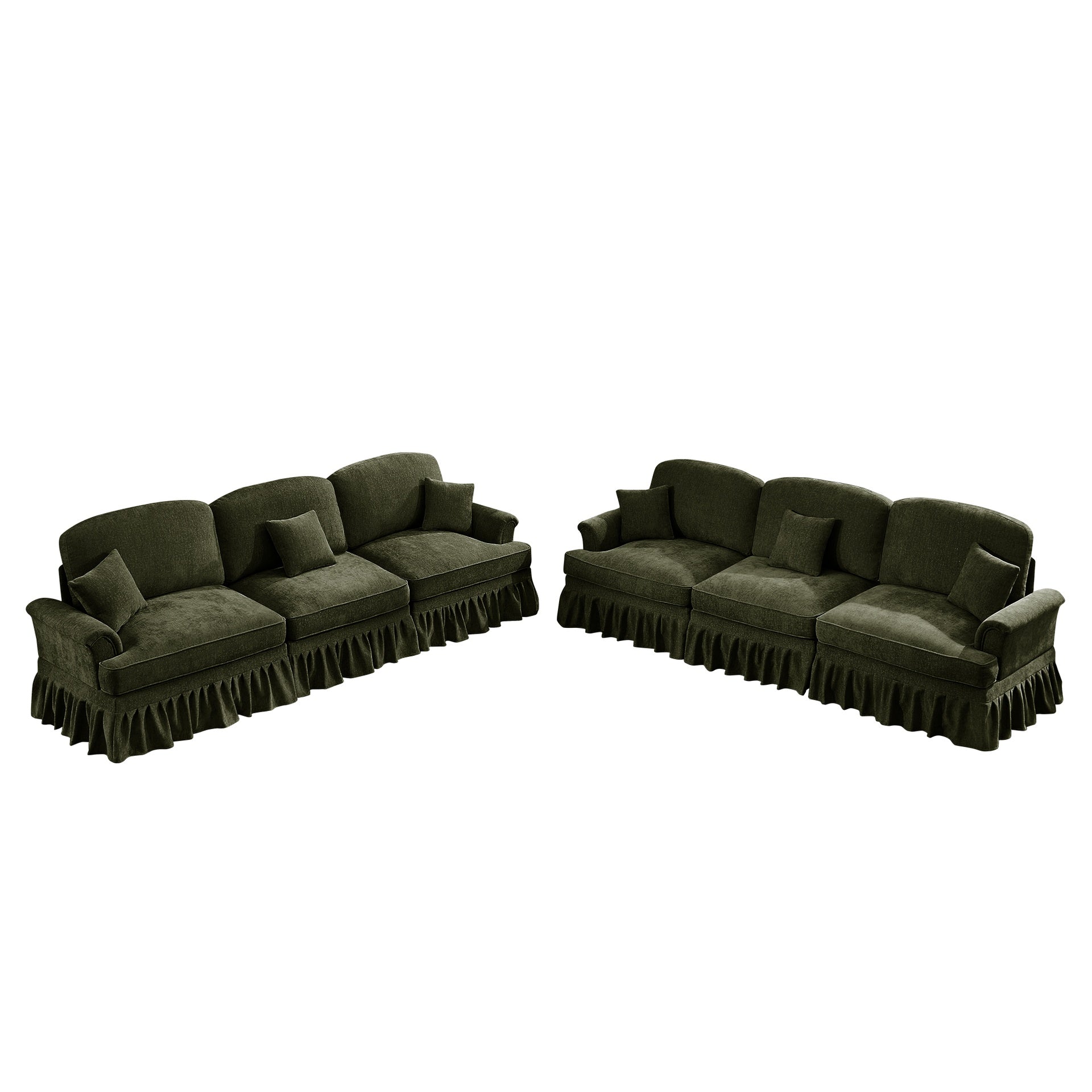 Classic Sleeper Sofa Couch with Flared Arms and Removable Ruffles Pleats Skirts and Spindle Legs, Comfy Modular Sectional Chenille Deep Seat Cloud Sofa Couch with 3 Movable Ottomans,Green