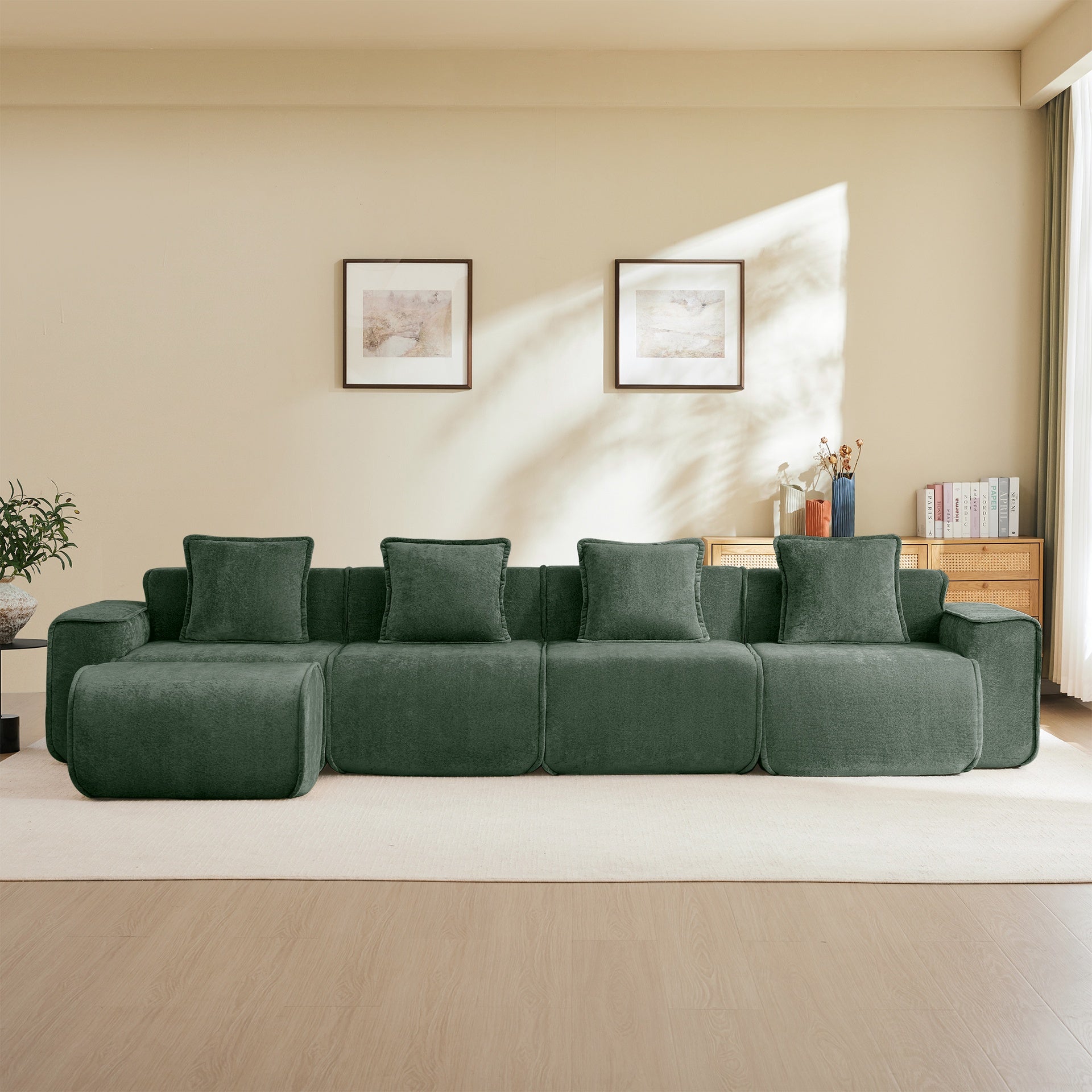 Streamlined Design Modular 4 Seat L Shape Sectional Boneless Sofa with French Edge Piping, No Assembly Required, 4-Seat Sofa Couch with Throw Pillows and 1 Movable Ottoman, Velvet Fabric Green