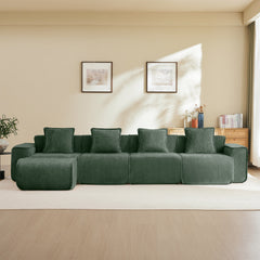 Streamlined Design Modular 4 Seat L Shape Sectional Boneless Sofa with French Edge Piping, No Assembly Required, 4-Seat Sofa Couch with Throw Pillows and 1 Movable Ottoman, Velvet Fabric Green