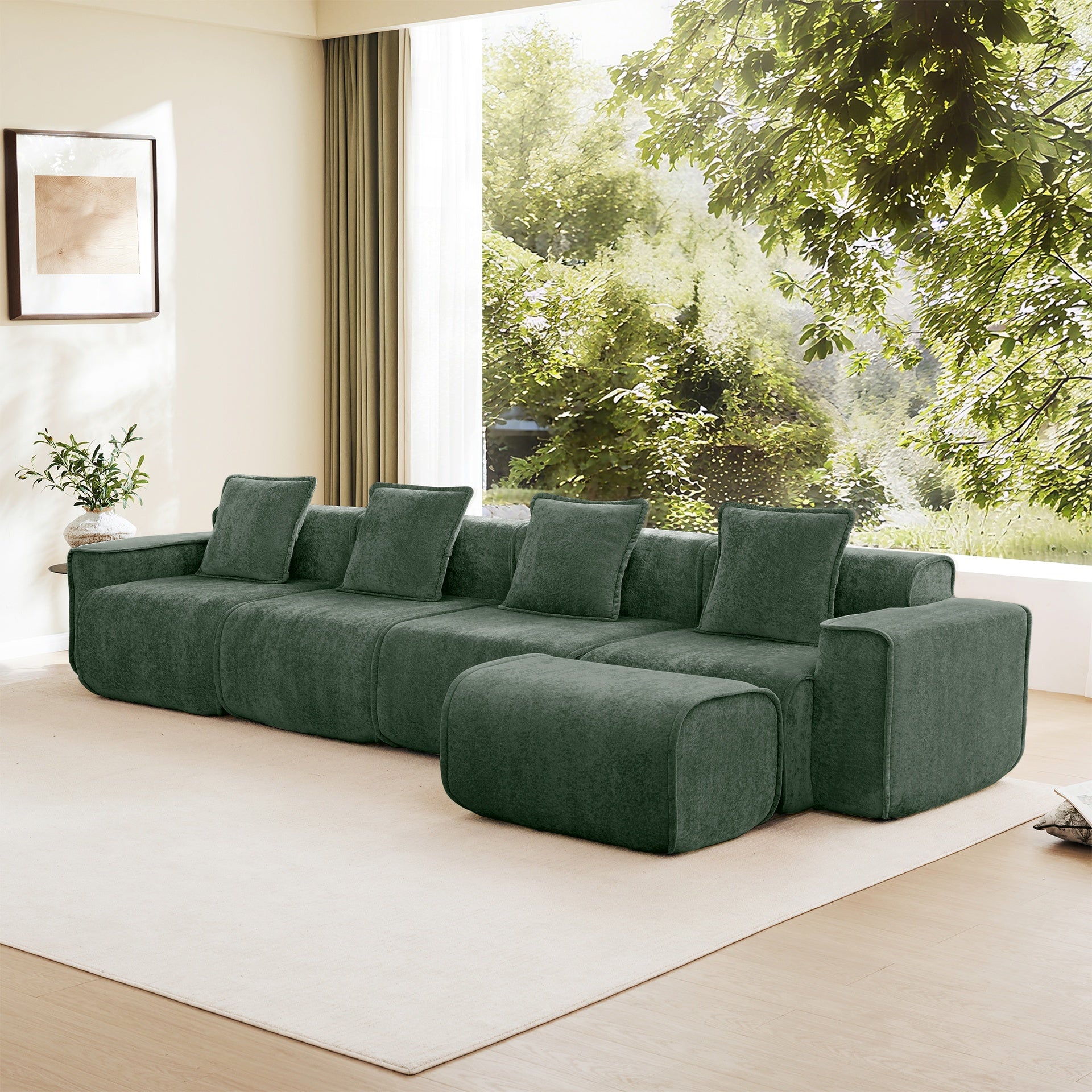 Streamlined Design Modular 4 Seat L Shape Sectional Boneless Sofa with French Edge Piping, No Assembly Required, 4-Seat Sofa Couch with Throw Pillows and 1 Movable Ottoman, Velvet Fabric Green