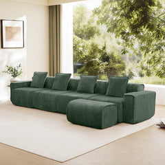 Streamlined Design Modular 4 Seat L Shape Sectional Boneless Sofa with French Edge Piping, No Assembly Required, 4-Seat Sofa Couch with Throw Pillows and 1 Movable Ottoman, Velvet Fabric Green