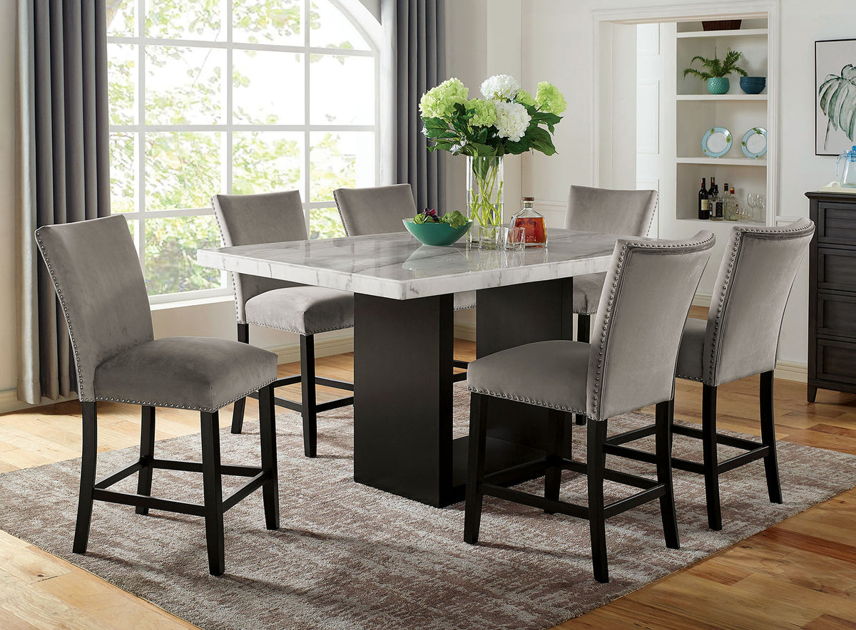 Genuine Marble Top Table w 6x High Chairs Light Gray Flannelette Upholstered Chair Counter Height Dining Room 7pc Set Furniture