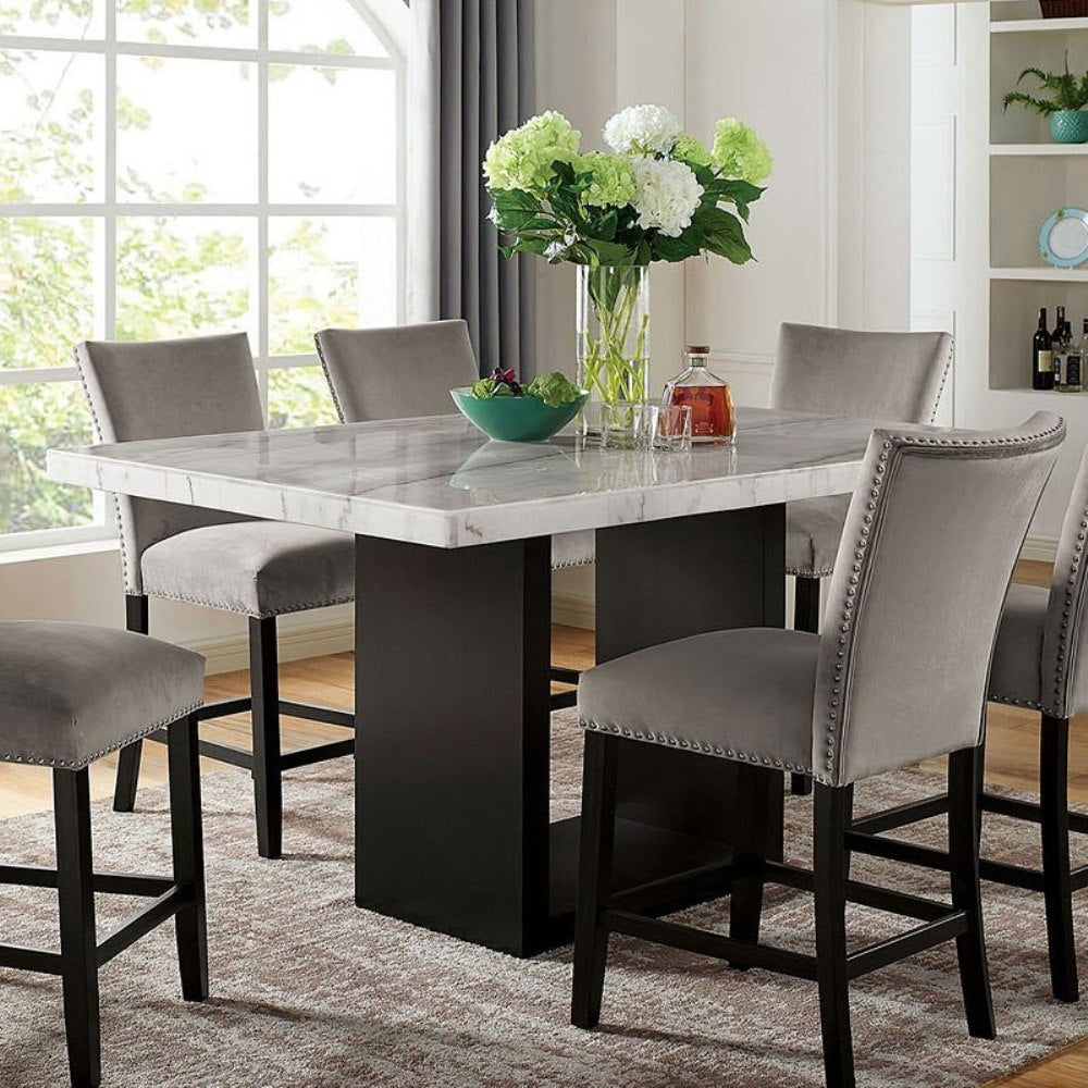 Genuine Marble Top Table w 6x High Chairs Light Gray Flannelette Upholstered Chair Counter Height Dining Room 7pc Set Furniture