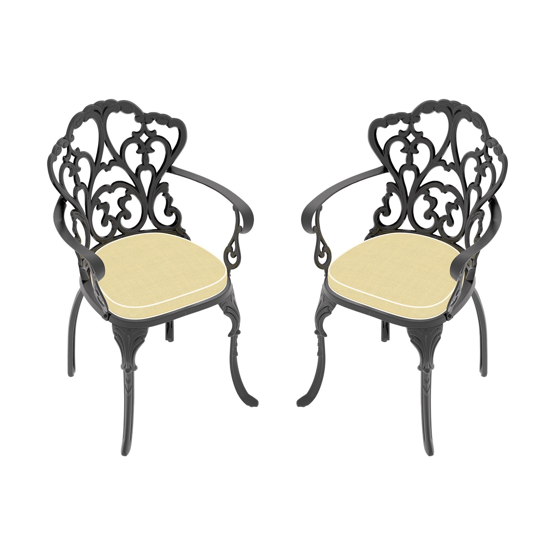 Cast Aluminum Patio Dining Chair 2PCS With Black Frame and Beige Cushions