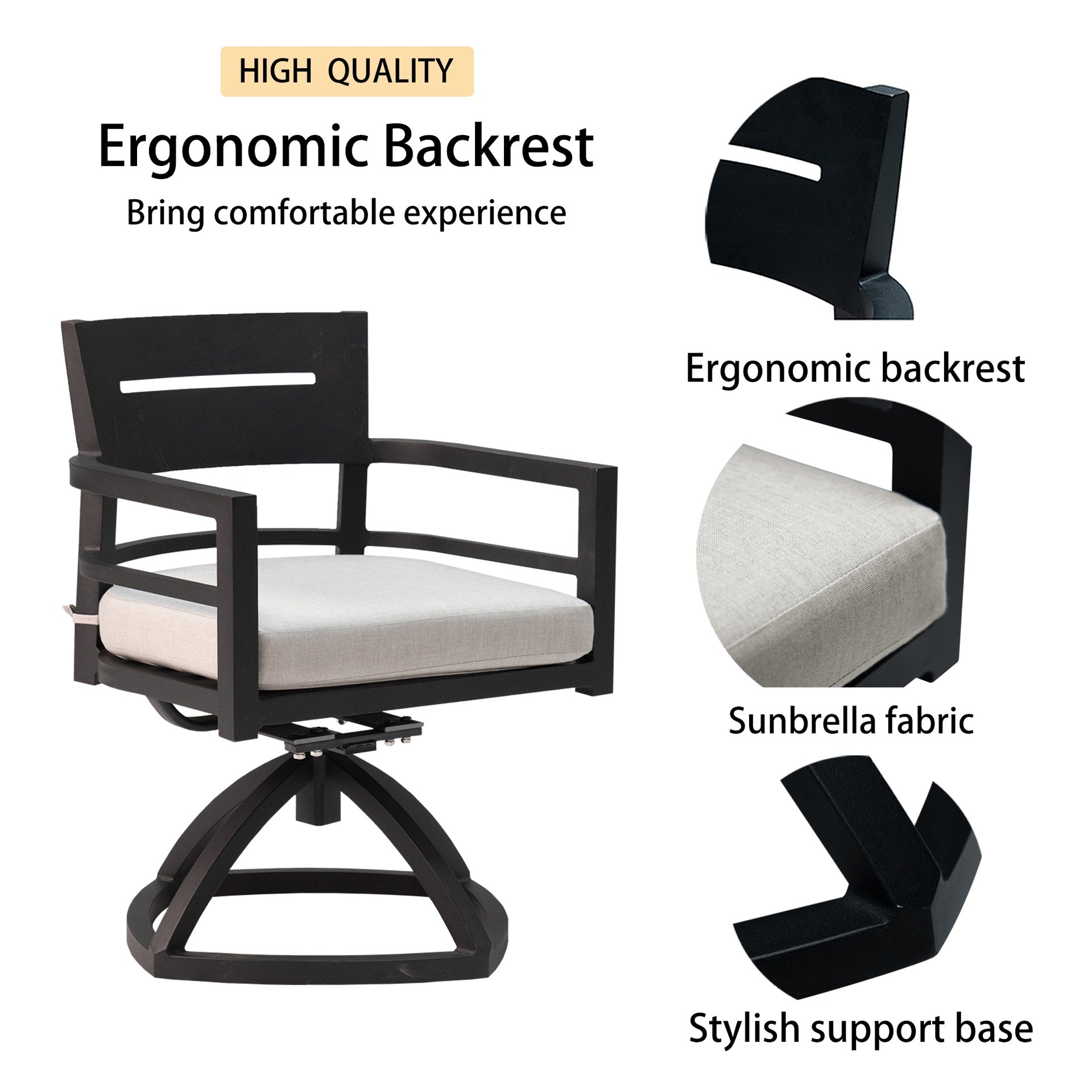 7-Piece Outdoor Patio Aluminum Furniture, Modern Dining Set, including 4 Dining Chairs & 2 Swivel Rockers Sunbrella Fabric Cushioned and Rectangle Dining Table with Umbrella Hole, Ember Black