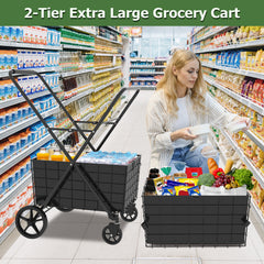 Jumbo Shopping Cart,2 Layers Grocery Cart on Wheels, Foldable Utility Shopping Carts with Double Basket and 360° Rolling Swivel Wheels for Groceries Laundry
