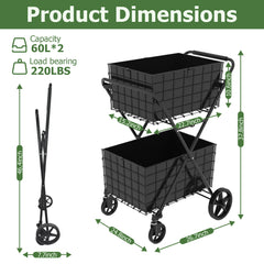 Jumbo Shopping Cart,2 Layers Grocery Cart on Wheels, Foldable Utility Shopping Carts with Double Basket and 360° Rolling Swivel Wheels for Groceries Laundry