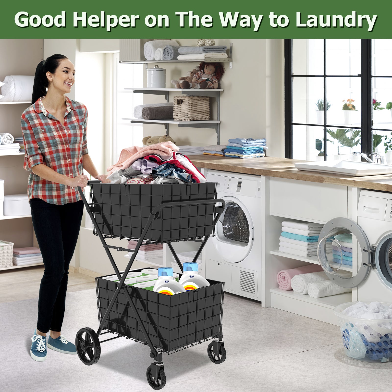 Jumbo Shopping Cart,2 Layers Grocery Cart on Wheels, Foldable Utility Shopping Carts with Double Basket and 360° Rolling Swivel Wheels for Groceries Laundry