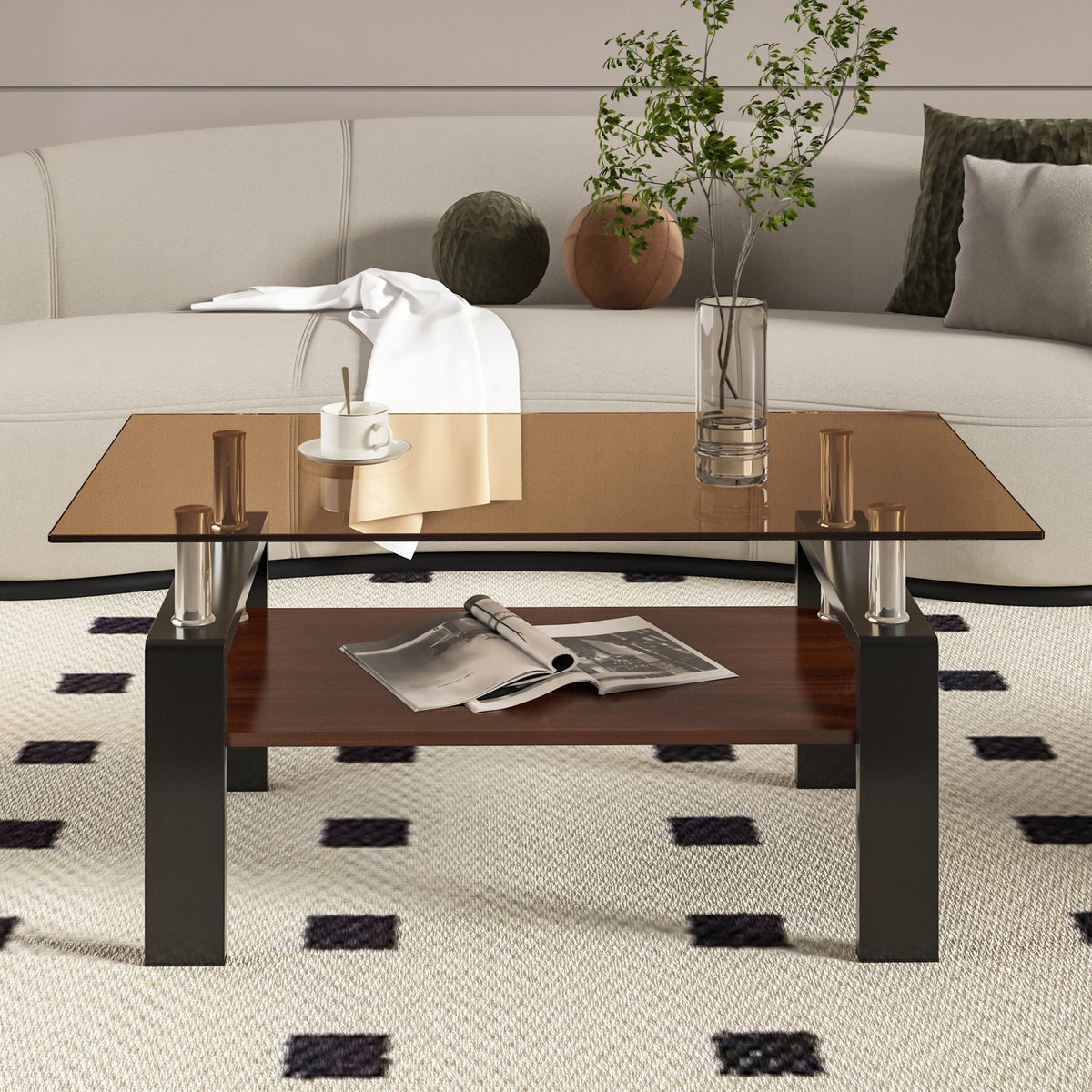 Rectangle Coffee Table, Tempered Glass Tabletop with MDF Layer, Modern Table for Living Room , Brown Glass