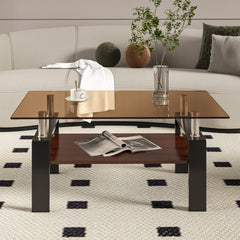 Rectangle Coffee Table, Tempered Glass Tabletop with MDF Layer, Modern Table for Living Room , Brown Glass