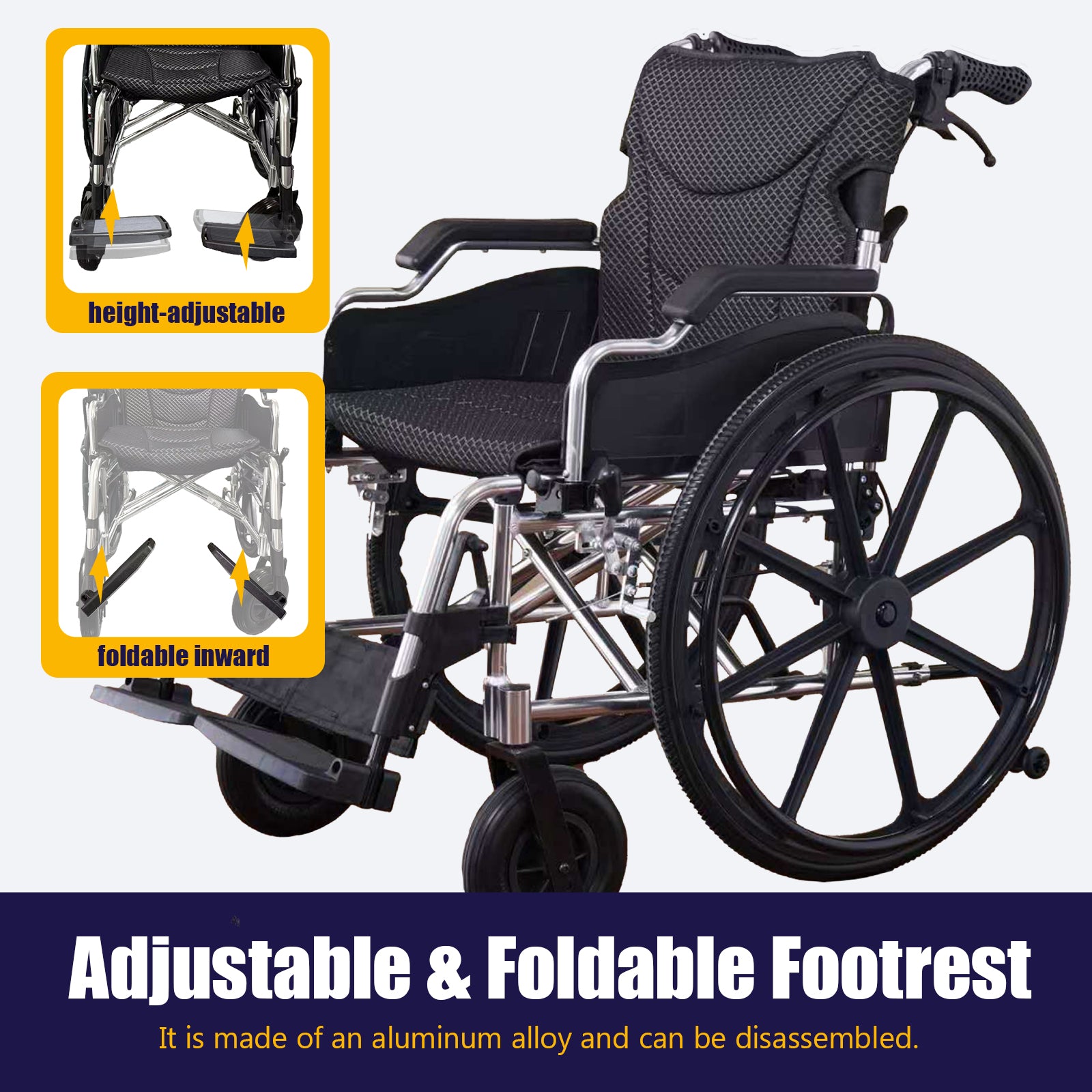 Aluminum Alloy Transport Wheelchair. 20" Seats. With front and Rear Locking Hand Brakes. 24" Quick Remove Rear Wheel.Bright Silver