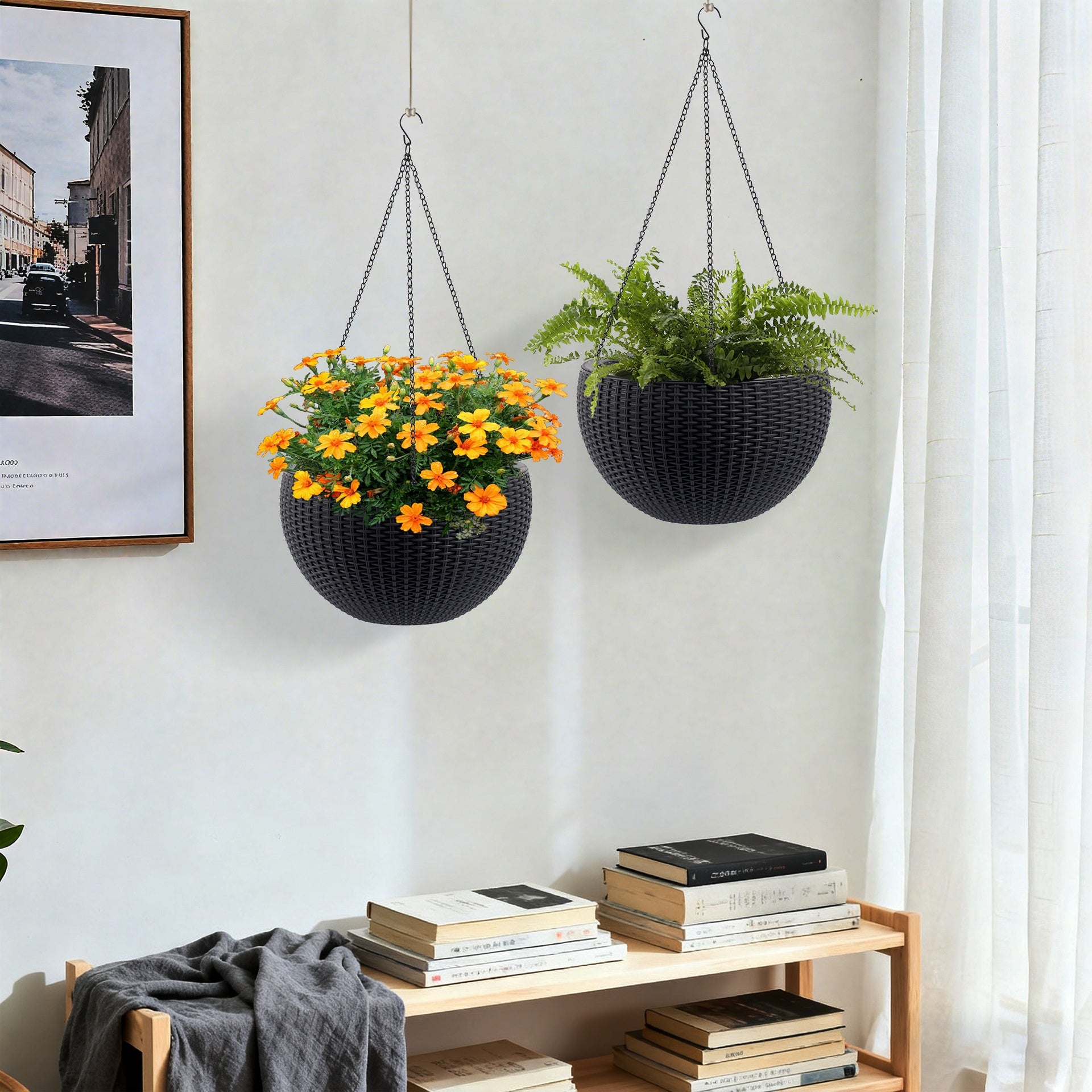13.4 inch Self-Watering Hanging Rattan-Inspired Planter Large Capacity, Root-Rot Resistant Water Storage with Water Level Indicator, Dual-Use for Indoor & Balcony Decoration (Pack of 2, Black)