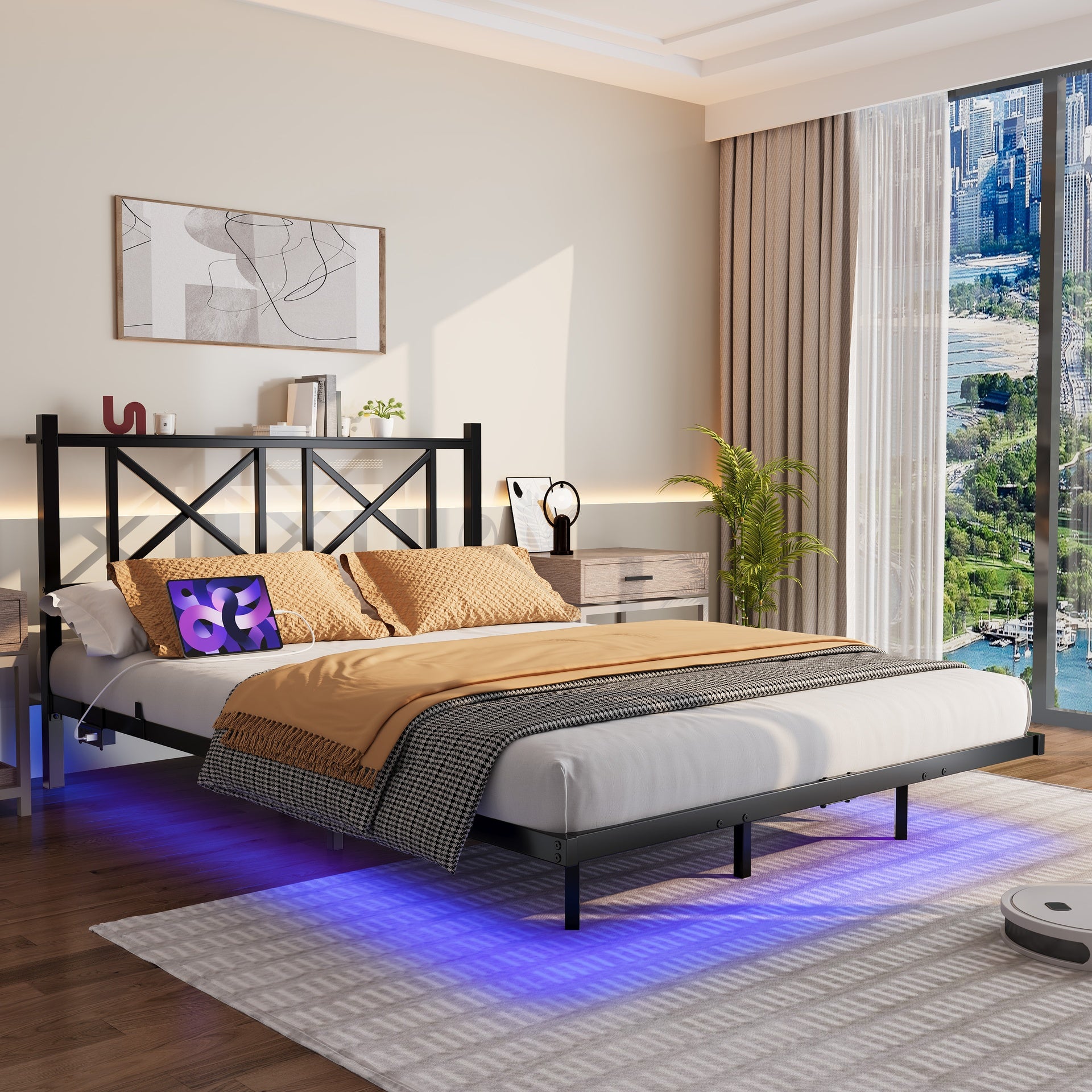 Full Size Floating Bed Frame with Headboard and Storage, Full Size Platform Bed Frame with USB Charging Station and LED Lights, Heavy Duty Steel Slats, Easy Assembly, Black