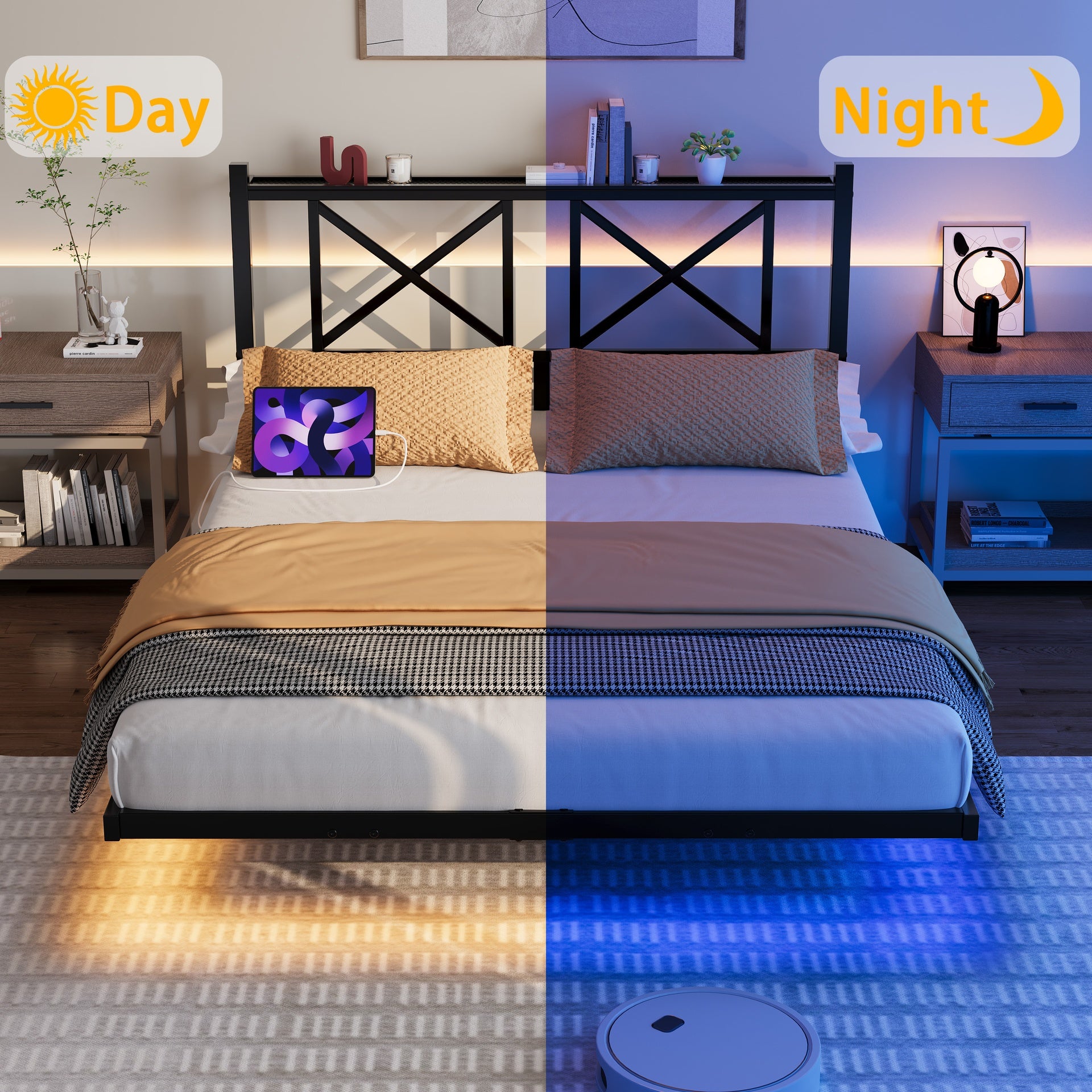 Full Size Floating Bed Frame with Headboard and Storage, Full Size Platform Bed Frame with USB Charging Station and LED Lights, Heavy Duty Steel Slats, Easy Assembly, Black
