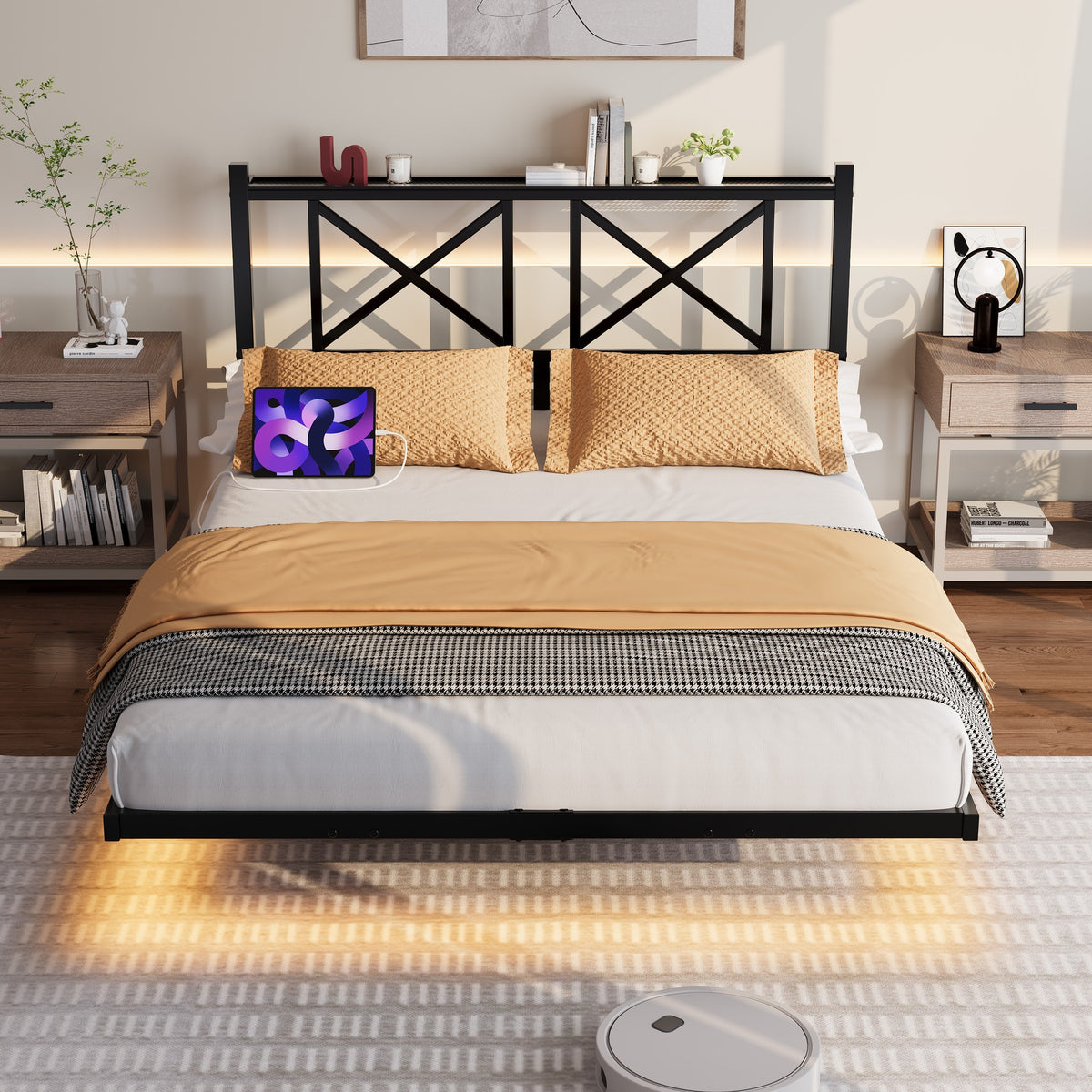 Full Size Floating Bed Frame with Headboard and Storage, Full Size Platform Bed Frame with USB Charging Station and LED Lights, Heavy Duty Steel Slats, Easy Assembly, Black