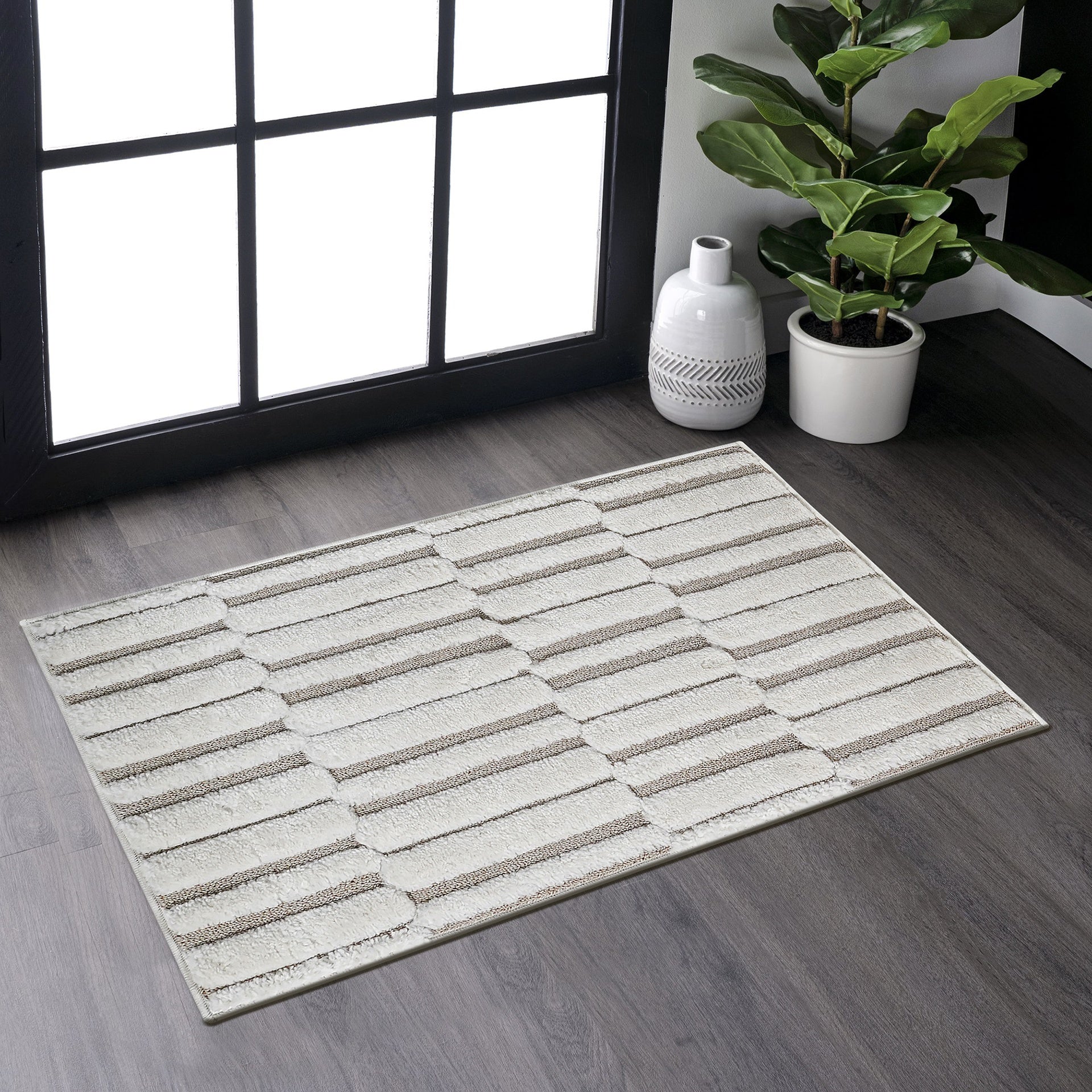 Step Collection High-Low Striped Beige/Cream Indoor Area Rug, 2'x3', Modern, Contemporary, Geometric, Bohemian, Bedroom, Kitchen, Living Room, Doormat, Non Shedding Carpet